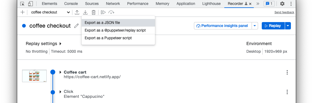 Export the recording as JSON