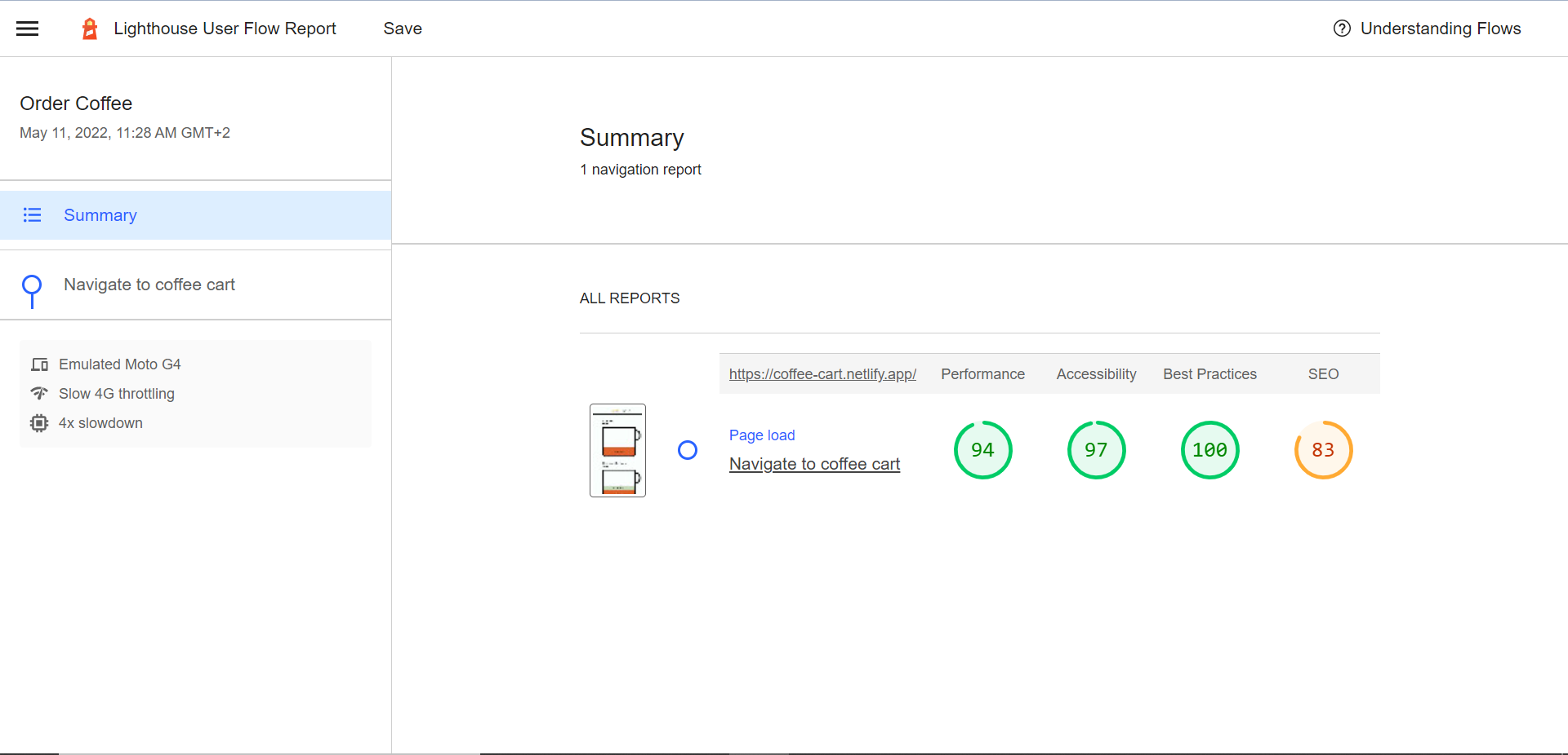 The resulting Lighthouse report for the navigation step