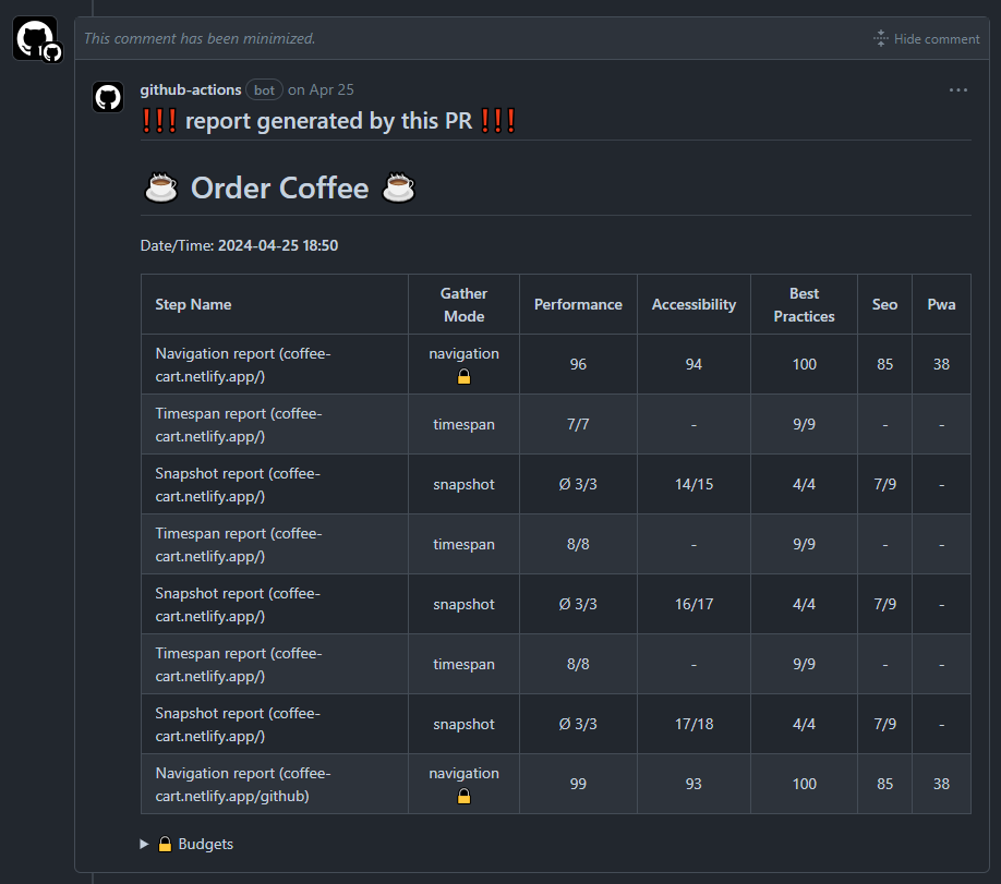 The sticky report comment produced by the example